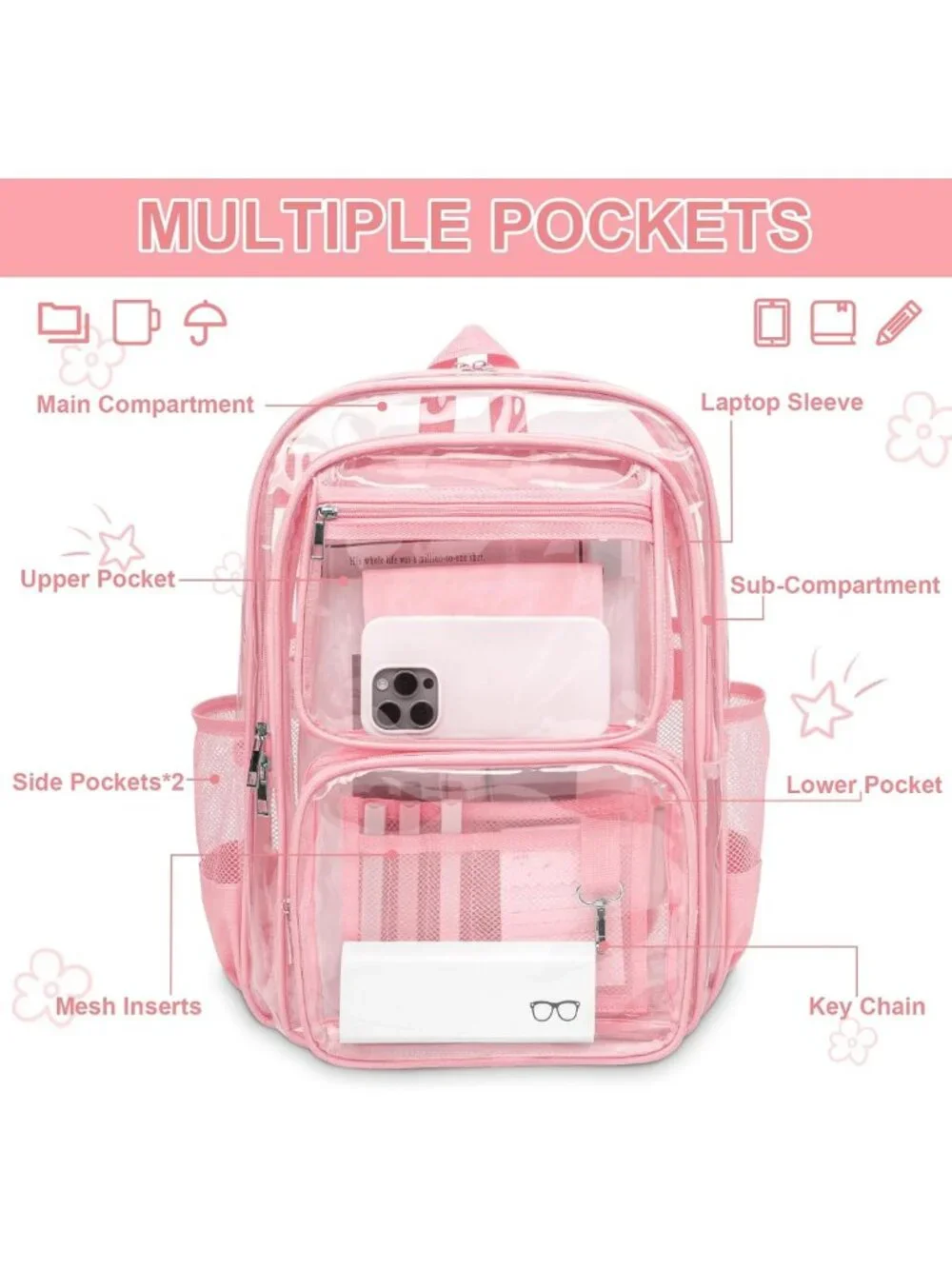 Large Clear Backpack for School, Heavy Duty Transparent Bookbag with Luggage
